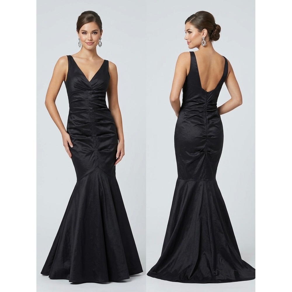 Profile Womens 13 Black V-Neck Ruched Mermaid Gown‎ Slit Evening Dress Stretch